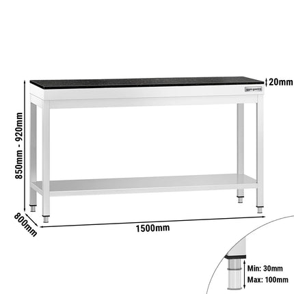 GGM Gastro Commercial Stainless Steel Centre Table PREMIUM - 1500x800mm - with Undershelf - with Granite Worktop