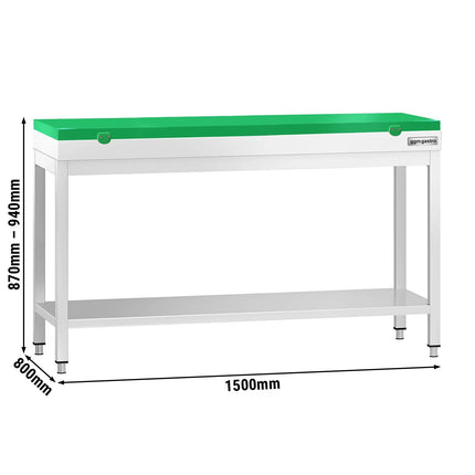 GGM Gastro Commercial Stainless Steel Centre Table PREMIUM - 1500x800mm - with Undershelf - with Green Chopping Board