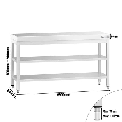 GGM Gastro Commercial Stainless Steel Centre Table PREMIUM - 1500x800mm - with Undershelf - with 2 Undershelves - with Cross Bracing