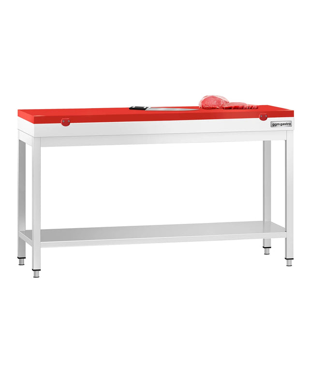 GGM Gastro Commercial Stainless Steel Centre Table PREMIUM - 1600x600mm - with Undershelf - with 2 Undershelves - with Cross Bracing - with Red Chopping Board