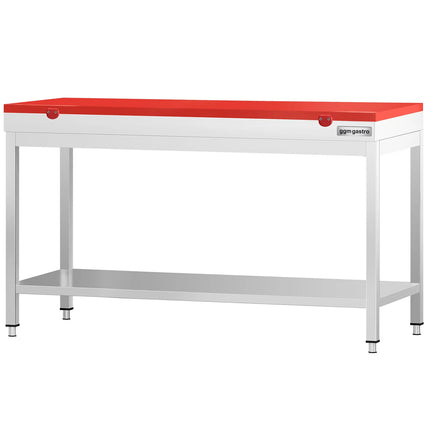 GGM Gastro Commercial Stainless Steel Centre Table PREMIUM - 1600x600mm - with Undershelf - with 2 Undershelves - with Cross Bracing - with Red Chopping Board