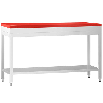 GGM Gastro Commercial Stainless Steel Centre Table PREMIUM - 1600x600mm - with Undershelf - with 2 Undershelves - with Cross Bracing - with Red Chopping Board
