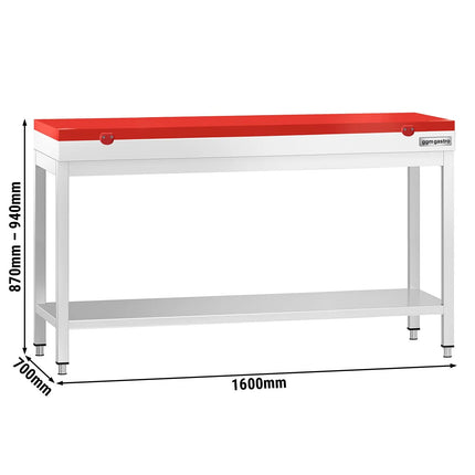 GGM Gastro Commercial Stainless Steel Centre Table PREMIUM - 1600x700mm - with Undershelf - with Cross Bracing - with Red Chopping Board