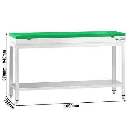 GGM Gastro Commercial Stainless Steel Centre Table PREMIUM - 1600x700mm - with Undershelf - with Green Chopping Board