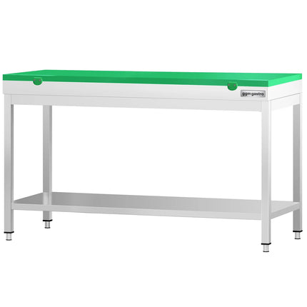 GGM Gastro Commercial Stainless Steel Centre Table PREMIUM - 1600x700mm - with Undershelf - with Green Chopping Board