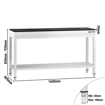 GGM Gastro Commercial Stainless Steel Centre Table PREMIUM - 1600x800mm - with Undershelf - with Granite Worktop