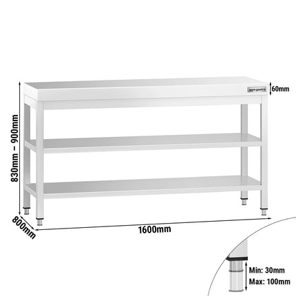 GGM Gastro Commercial Stainless Steel Centre Table PREMIUM - 1600x800mm - with Undershelf - with 2 Undershelves - with Cross Bracing