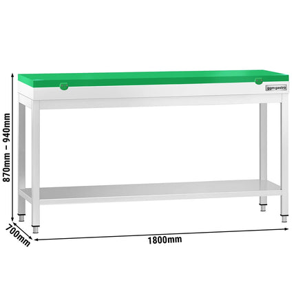 GGM Gastro Commercial Stainless Steel Centre Table PREMIUM - 1800x700mm - with Undershelf - with Cross Bracing - with Green Chopping Board