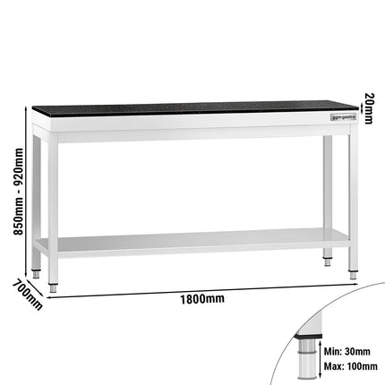GGM Gastro Commercial Stainless Steel Centre Table PREMIUM - 1800x700mm - with Undershelf - with 2 Undershelves - with Granite Worktop