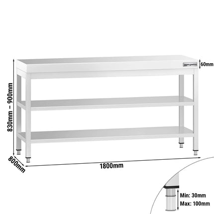 GGM Gastro Commercial Stainless Steel Centre Table PREMIUM - 1800x800mm - with Undershelf - with 2 Undershelves - with Cross Bracing