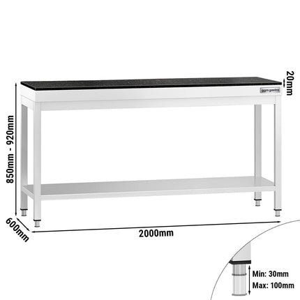 GGM Gastro Commercial Stainless Steel Centre Table PREMIUM - 2000x600mm - with Undershelf - with Additional Undershelf (mid-shelf) - with Granite Worktop
