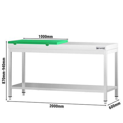 GGM Gastro Commercial Stainless Steel Centre Table PREMIUM - 2000x600mm - with Undershelf - with Green Chopping Board