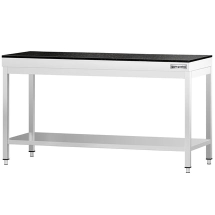 GGM Gastro Commercial Stainless Steel Centre Table PREMIUM - 2000x600mm - with Undershelf - with Additional Undershelf (mid-shelf) - with Granite Worktop