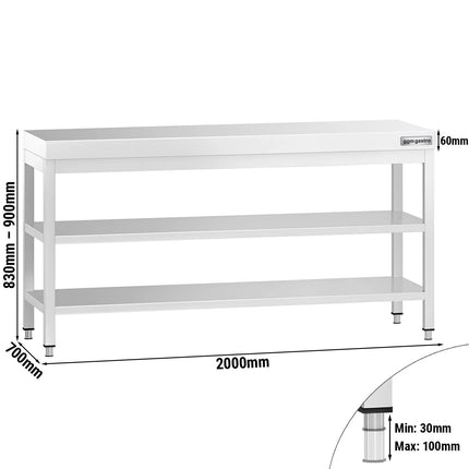 GGM Gastro Commercial Stainless Steel Centre Table PREMIUM - 2000x700mm - with Undershelf - with 2 Undershelves