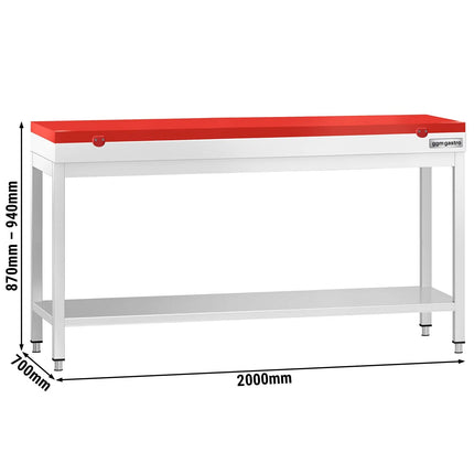 GGM Gastro Commercial Stainless Steel Centre Table PREMIUM - 2000x700mm - with Undershelf - with Red Chopping Board