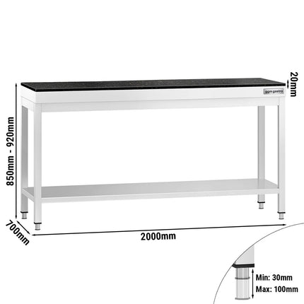 GGM Gastro Commercial Stainless Steel Centre Table PREMIUM - 2000x700mm - with Undershelf - with 2 Undershelves - with Granite Worktop