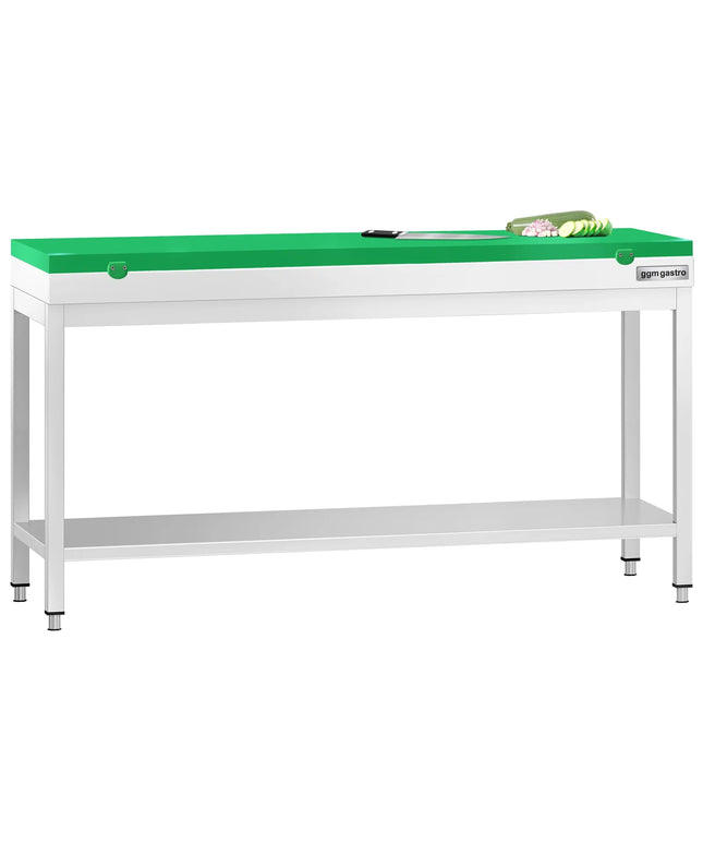GGM Gastro Commercial Stainless Steel Centre Table PREMIUM - 2000x800mm - with Undershelf - with Green Chopping Board