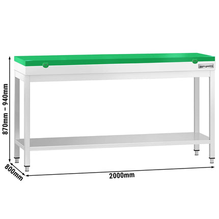 GGM Gastro Commercial Stainless Steel Centre Table PREMIUM - 2000x800mm - with Undershelf - with Green Chopping Board