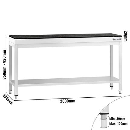 GGM Gastro Commercial Stainless Steel Centre Table PREMIUM - 2000x800mm - with Undershelf - with Granite Worktop
