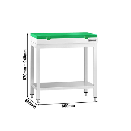 GGM Gastro Commercial Stainless Steel Centre Table PREMIUM - 600x600mm - with Undershelf - with Green Chopping Board