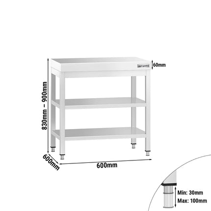 GGM Gastro Commercial Stainless Steel Centre Table PREMIUM - 600x600mm - with Undershelf - with 2 Undershelves - with Cross Bracing