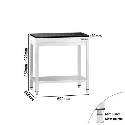 GGM Gastro Commercial Stainless Steel Centre Table PREMIUM - 600x600mm - with Undershelf - with Granite Worktop