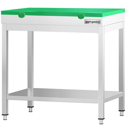 GGM Gastro Commercial Stainless Steel Centre Table PREMIUM - 600x600mm - with Undershelf - with Green Chopping Board