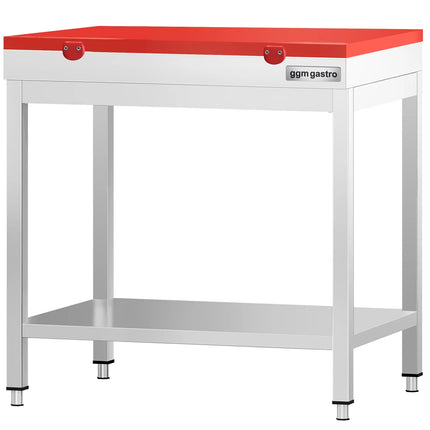 GGM Gastro Commercial Stainless Steel Centre Table PREMIUM - 600x600mm - with Undershelf - with Red Chopping Board