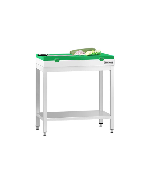 GGM Gastro Commercial Stainless Steel Centre Table PREMIUM - 600x700mm - with Undershelf - with Green Chopping Board
