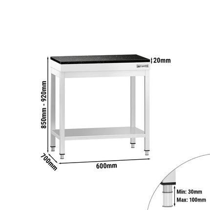 GGM Gastro Commercial Stainless Steel Centre Table PREMIUM - 600x700mm - with Undershelf - with Additional Undershelf (mid-shelf) - with Granite Worktop
