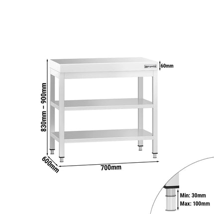 GGM Gastro Commercial Stainless Steel Centre Table PREMIUM - 700x600mm - with Undershelf - with 2 Undershelves - with Cross Bracing