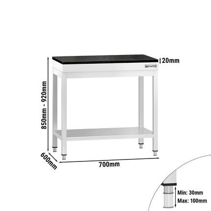 GGM Gastro Commercial Stainless Steel Centre Table PREMIUM - 700x600mm - with Undershelf - with 2 Undershelves - with Granite Worktop