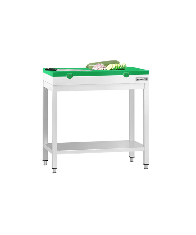 GGM Gastro Commercial Stainless Steel Centre Table PREMIUM - 700x700mm - with Undershelf - with Green Chopping Board