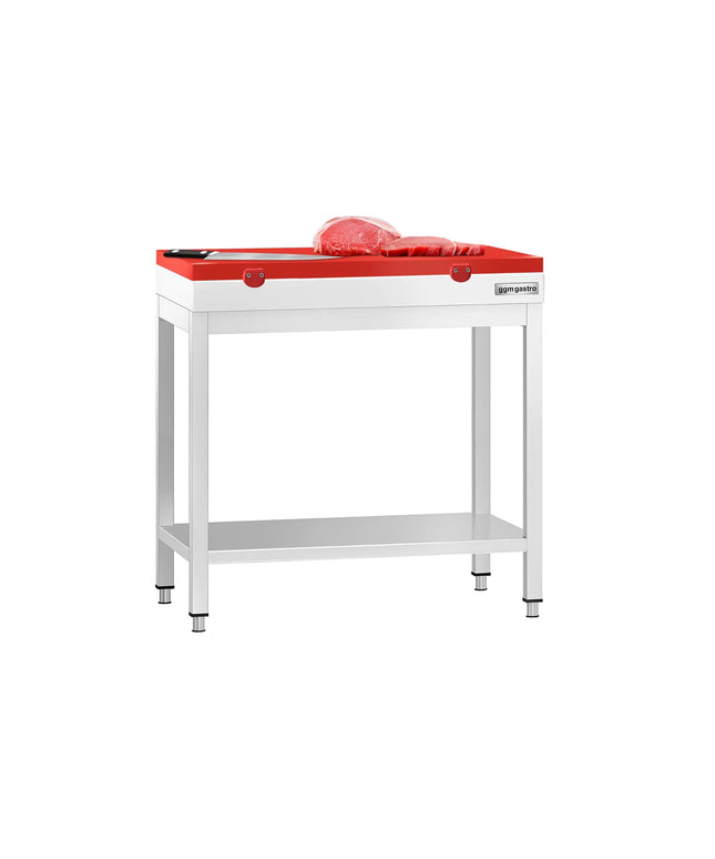 GGM Gastro Commercial Stainless Steel Centre Table PREMIUM - 700x700mm - with Undershelf - with Additional Undershelf (mid-shelf) - with Red Chopping Board
