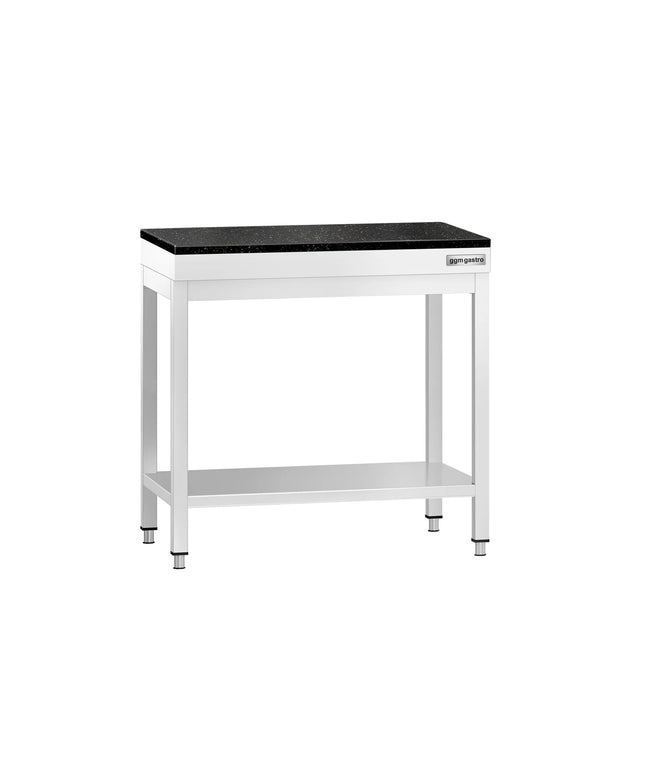 GGM Gastro Commercial Stainless Steel Centre Table PREMIUM - 700x700mm - with Undershelf - with Granite Worktop