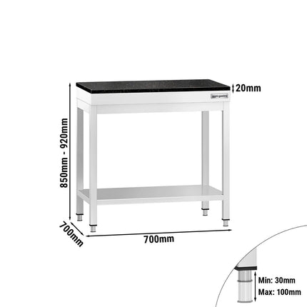 GGM Gastro Commercial Stainless Steel Centre Table PREMIUM - 700x700mm - with Undershelf - with Granite Worktop