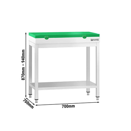 GGM Gastro Commercial Stainless Steel Centre Table PREMIUM - 700x700mm - with Undershelf - with Green Chopping Board