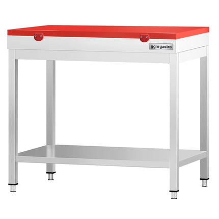 GGM Gastro Commercial Stainless Steel Centre Table PREMIUM - 700x700mm - with Undershelf - with Additional Undershelf (mid-shelf) - with Red Chopping Board