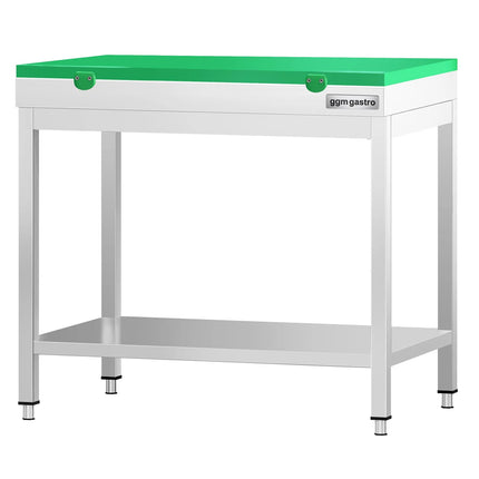 GGM Gastro Commercial Stainless Steel Centre Table PREMIUM - 700x700mm - with Undershelf - with Green Chopping Board