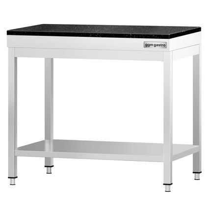 GGM Gastro Commercial Stainless Steel Centre Table PREMIUM - 700x700mm - with Undershelf - with Granite Worktop