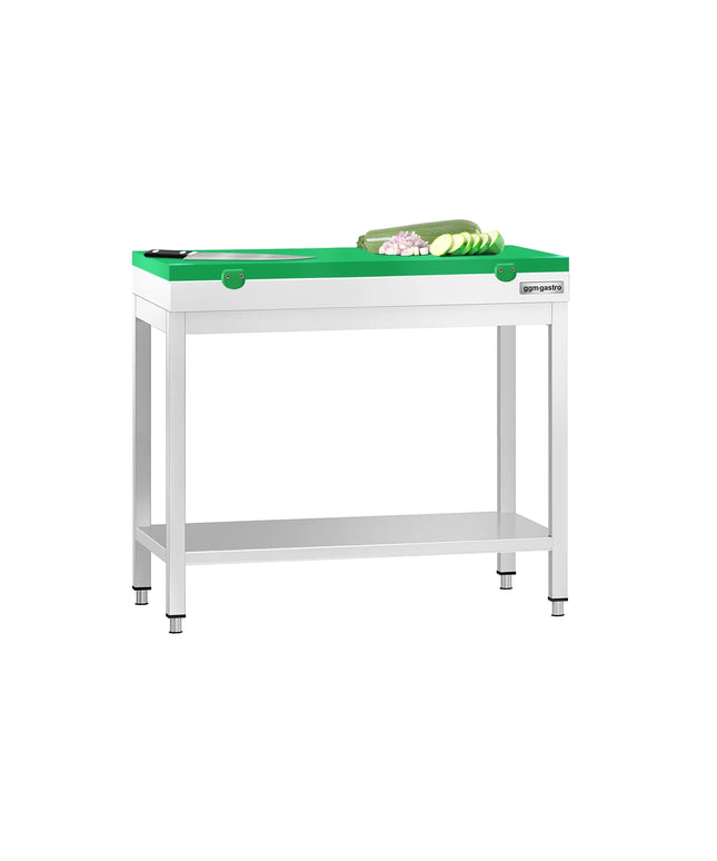 GGM Gastro Commercial Stainless Steel Centre Table PREMIUM - 800x600mm - with Undershelf - with 2 Undershelves - with Green Chopping Board