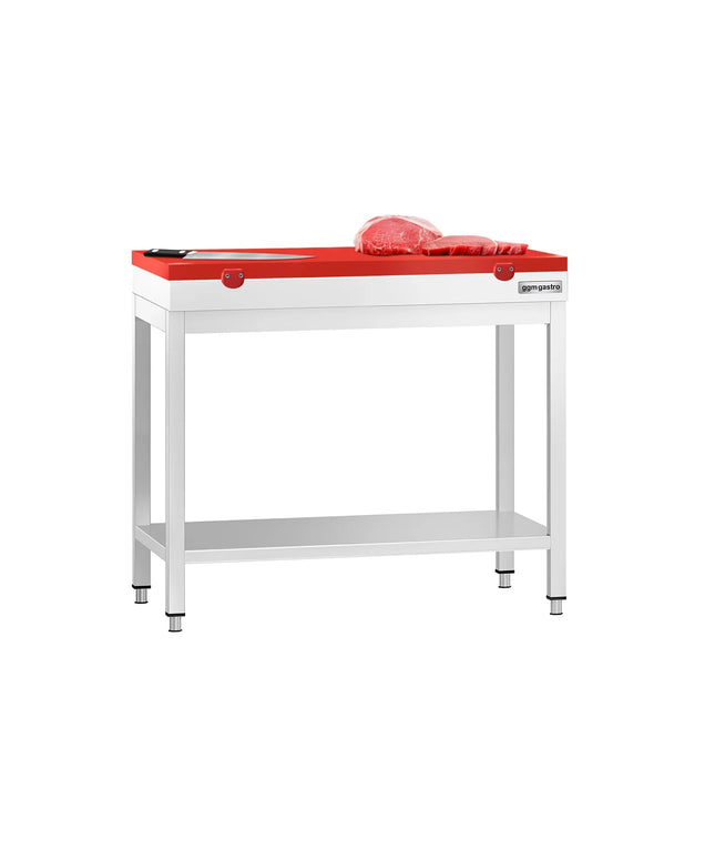 GGM Gastro Commercial Stainless Steel Centre Table PREMIUM - 800x600mm - with Undershelf - with Cross Bracing - with Red Chopping Board