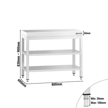 GGM Gastro Commercial Stainless Steel Centre Table PREMIUM - 800x600mm - with Undershelf - with 2 Undershelves - with Cross Bracing
