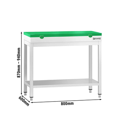 GGM Gastro Commercial Stainless Steel Centre Table PREMIUM - 800x600mm - with Undershelf - with 2 Undershelves - with Green Chopping Board