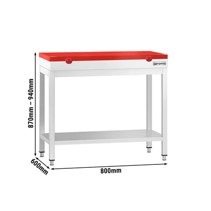 GGM Gastro Commercial Stainless Steel Centre Table PREMIUM - 800x600mm - with Undershelf - with Cross Bracing - with Red Chopping Board