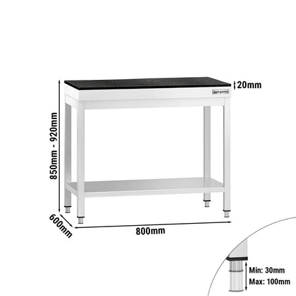 GGM Gastro Commercial Stainless Steel Centre Table PREMIUM - 800x600mm - with Undershelf - with 2 Undershelves - with Granite Worktop