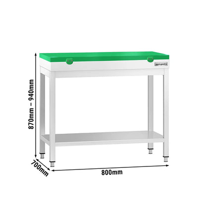GGM Gastro Commercial Stainless Steel Centre Table PREMIUM - 800x700mm - with Undershelf - with Cross Bracing - with Green Chopping Board