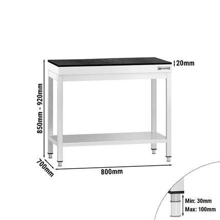 GGM Gastro Commercial Stainless Steel Centre Table PREMIUM - 800x700mm - with Undershelf - with Granite Worktop