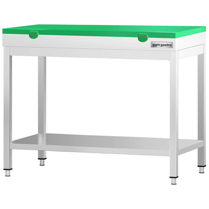 GGM Gastro Commercial Stainless Steel Centre Table PREMIUM - 800x700mm - with Undershelf - with Cross Bracing - with Green Chopping Board