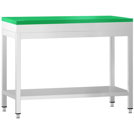 GGM Gastro Commercial Stainless Steel Centre Table PREMIUM - 800x700mm - with Undershelf - with Cross Bracing - with Green Chopping Board